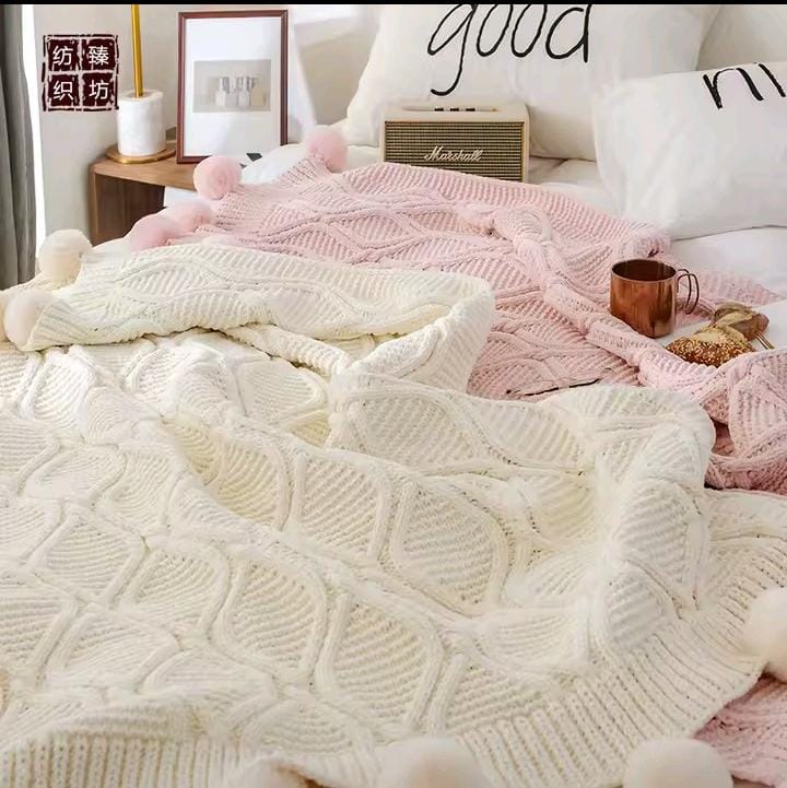 Nordic Throw Blanket Knitted Cable Knit with Pom Pom Fringe Soft Warm Cozy 127x172cm Sofa Bed Decor