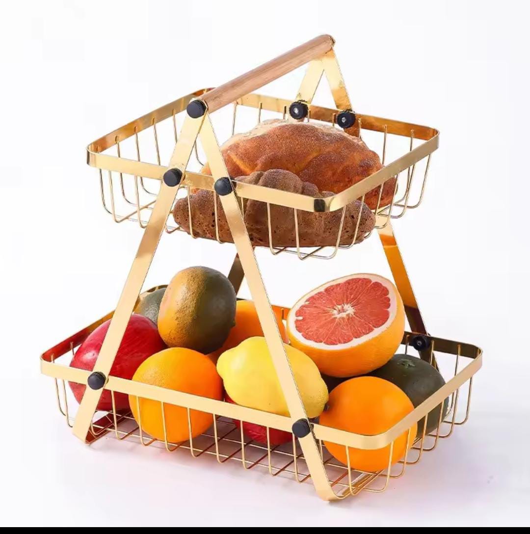 Multipurpose Countertop Tier Fruit Rack Gold Metallic Wire Basket Stand Kitchen Storage Organizer