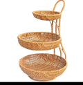 3-Tier Handmade Rattan Fruit Rack Natural Woven Basket Stand Kitchen Storage Organizer 45cm Brown