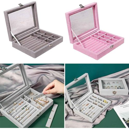 Velvet Jewelry Organizer Box with Mirror - Multi-Compartment Storage Case