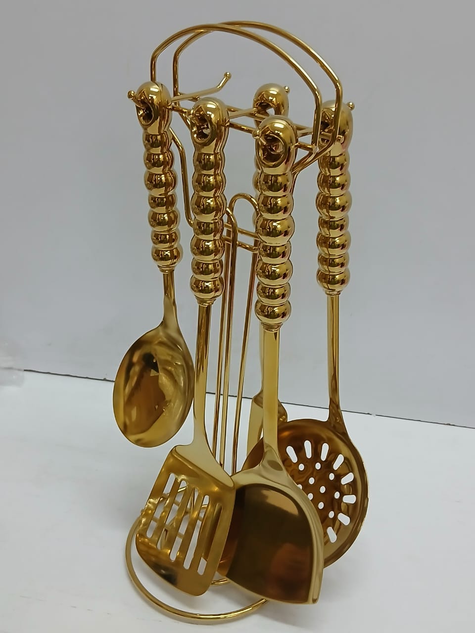 6-in-1 Gold Serving Spoon Set with Stand Ceramic Handle Kitchen Utensil Organizer Cooking Tools