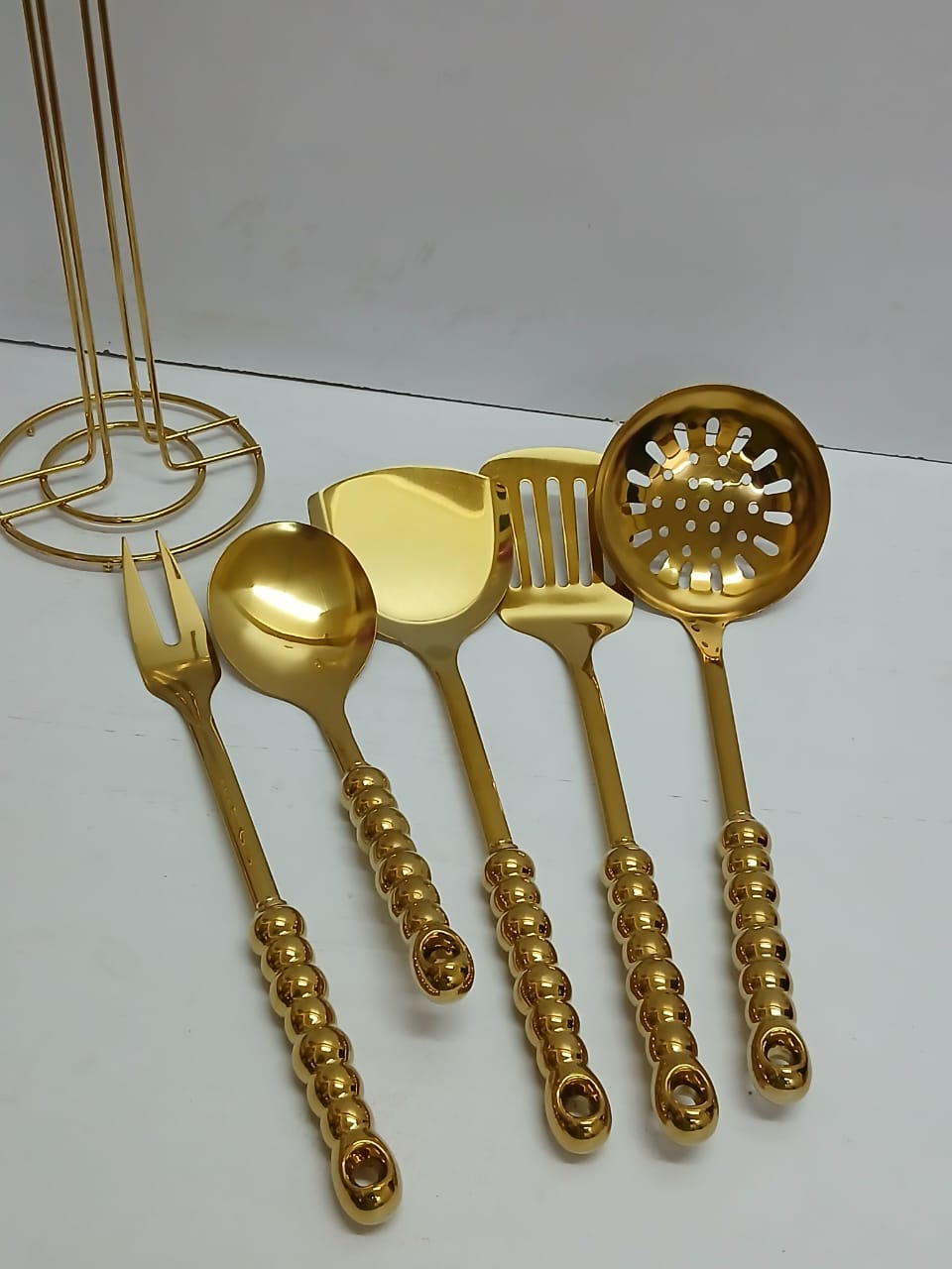6-in-1 Gold Serving Spoon Set with Stand Ceramic Handle Kitchen Utensil Organizer Cooking Tools