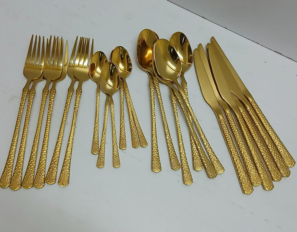 24-Piece Luxury Cutlery Set Stainless Steel Hammered Pattern Gold Silver Flatware Dinnerware Service for 6