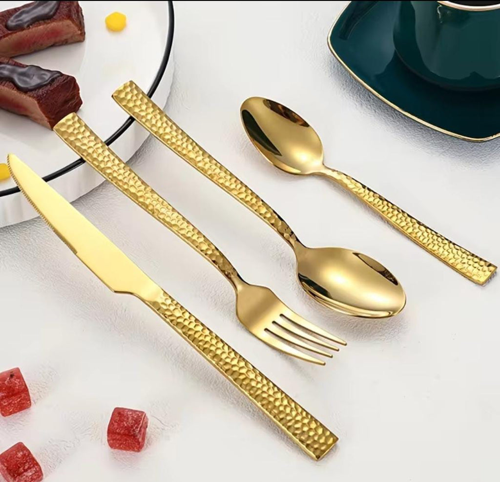 24-Piece Luxury Cutlery Set Stainless Steel Hammered Pattern Gold Silver Flatware Dinnerware Service for 6