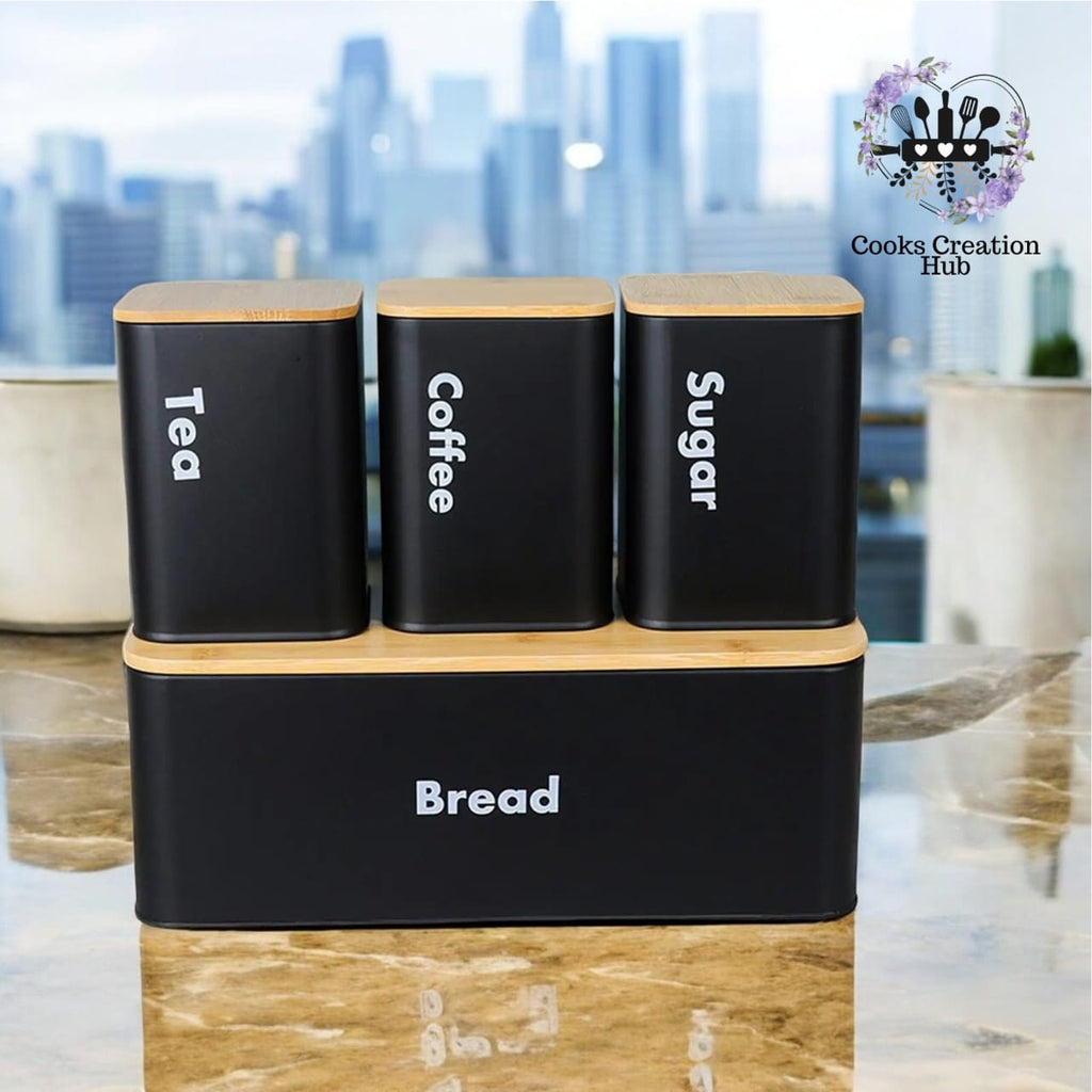 Kitchen Canister Set with Bread Box - 4-Piece Tea Coffee Sugar Storage with Bamboo Lids
