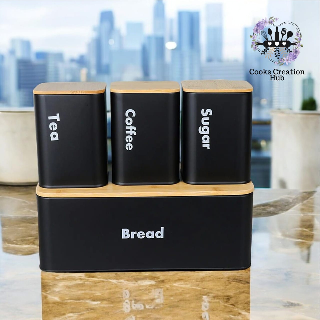 Kitchen Canister Set with Bread Box - 4-Piece Tea Coffee Sugar Storage with Bamboo Lids