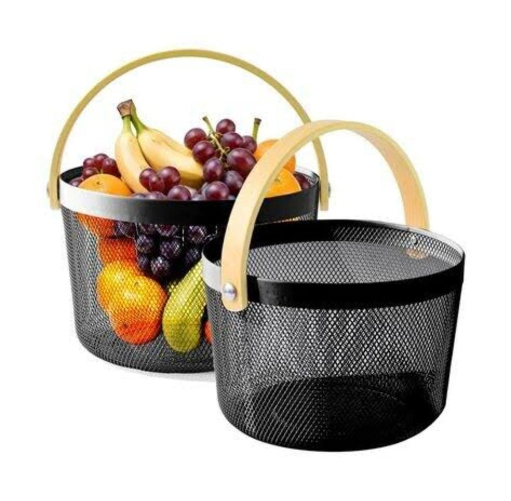 Wire Mesh Fruit Basket with Handle - Round Kitchen Storage Organizer