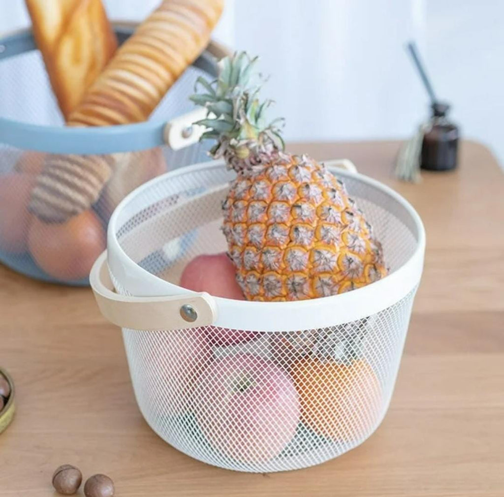 Wire Mesh Fruit Basket with Handle - Round Kitchen Storage Organizer