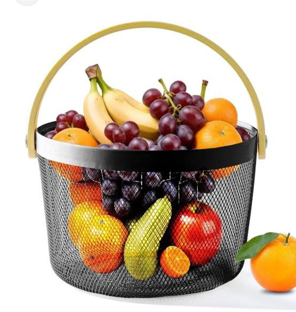 Wire Mesh Fruit Basket with Handle - Round Kitchen Storage Organizer