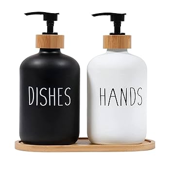 Hands and Dishes Soap Dispenser Set with Bamboo Tray - Kitchen Sink Organizer