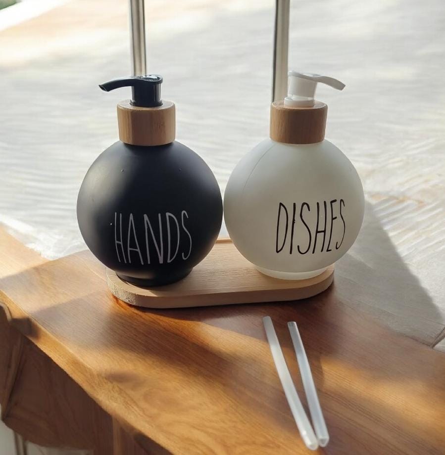 Hands and Dishes Soap Dispenser Set with Bamboo Tray - Kitchen Sink Organizer