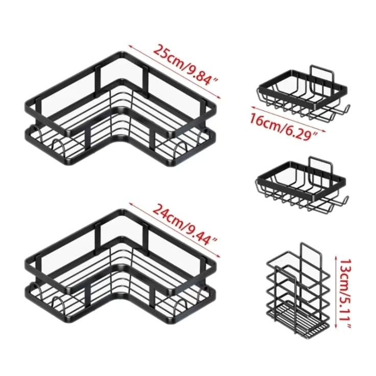 5 in 1 Black Corner Shower Shelf Organizer - Wall Mounted Bathroom Storage Basket