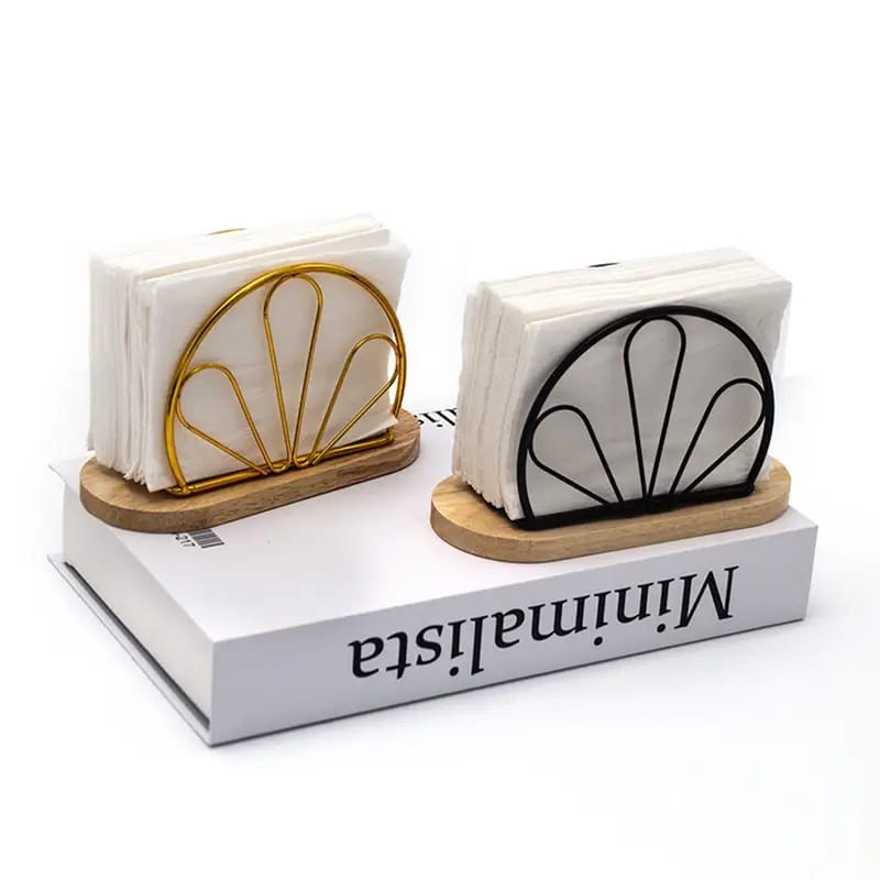Decorative Shell Design Napkin Holder with Wooden Base - Gold & Black Available