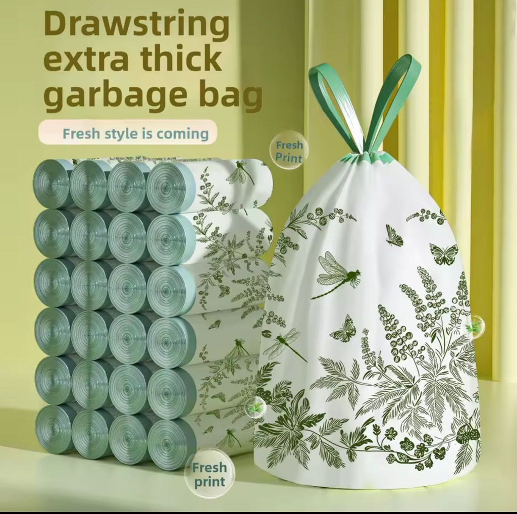 Drawstring Garbage Bags - Extra Thick Trash Bags with Fresh Botanical Print