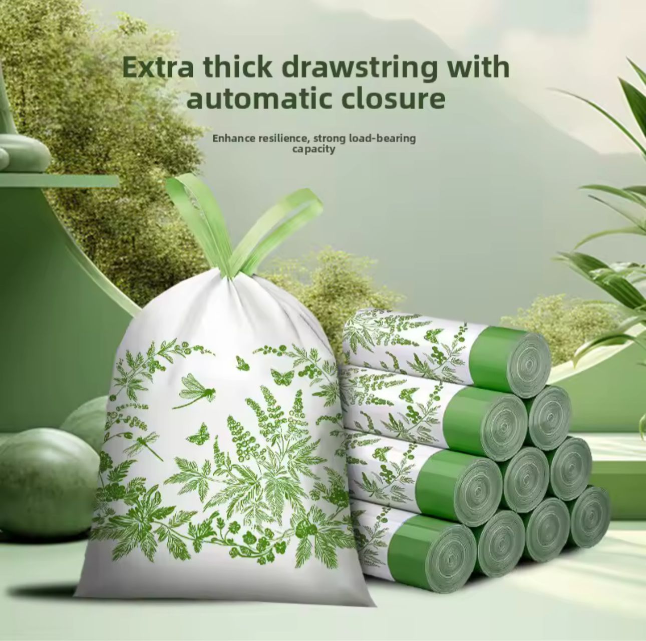 Drawstring Garbage Bags - Extra Thick Trash Bags with Fresh Botanical Print
