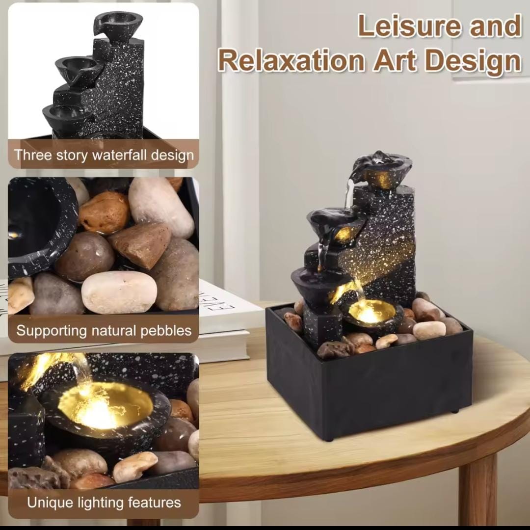 Tabletop Water Fountain with LED Lights - 3-Tier Relaxation Waterfall with Natural Pebbles