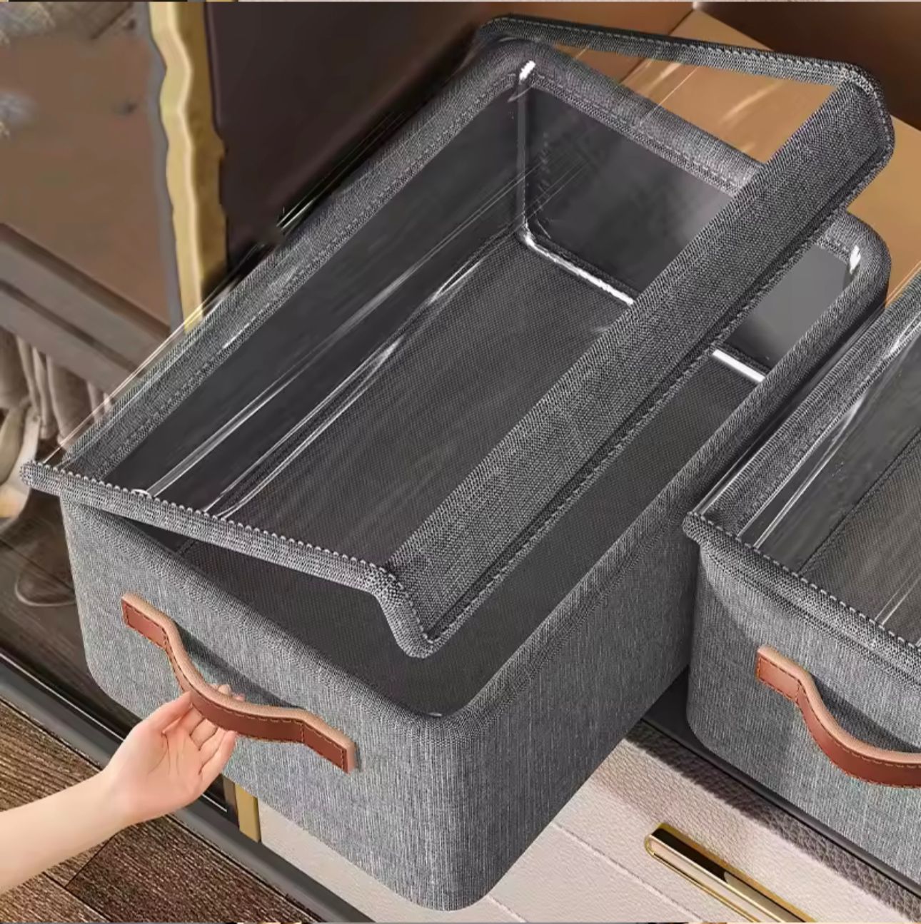 Collapsible Fabric Storage Organizer with Cover - Closet Storage Basket with Lid 50x35x24cm