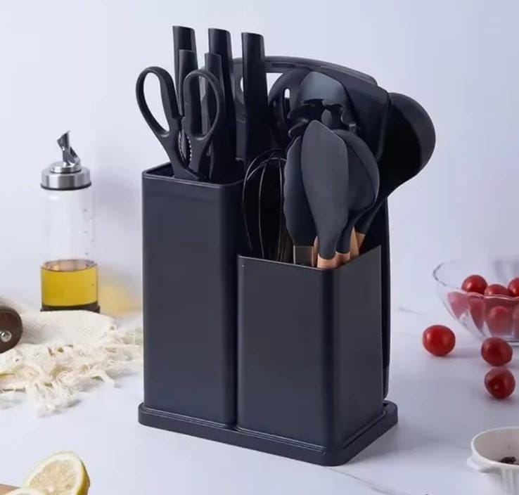 19-Piece Silicone Kitchen Utensil Set with Holder & Cutting Board