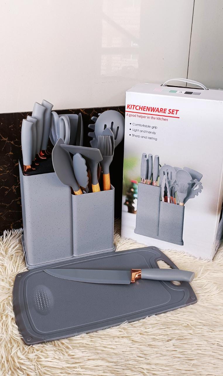 19-Piece Silicone Kitchen Utensil Set with Holder & Cutting Board