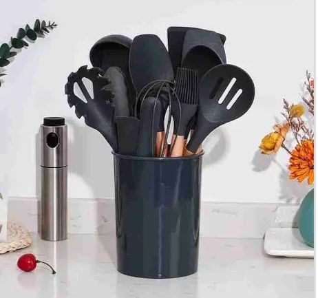 12-Piece Silicone Kitchen Utensil Set with Holder - Grey