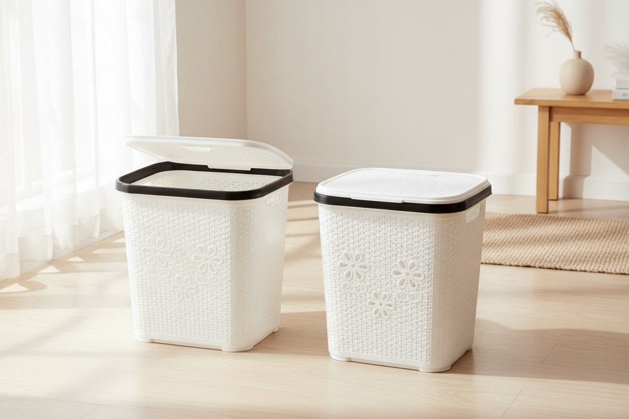 Decorative Laundry Basket with Lid - White Floral Pattern