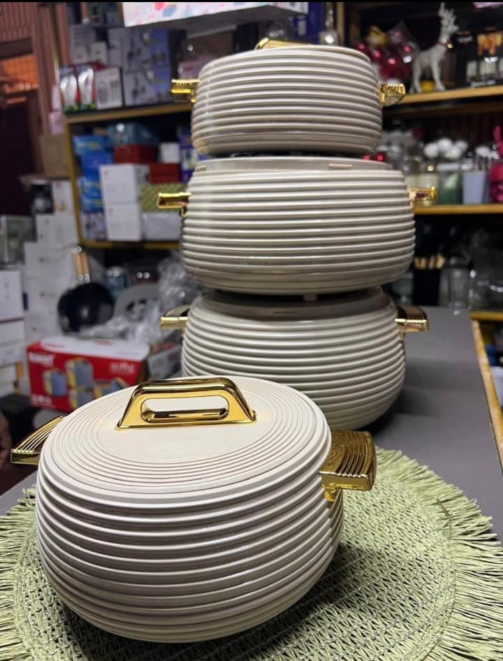 Smart Hot Pot Set of 4 - White Ribbed Design with Gold Handles