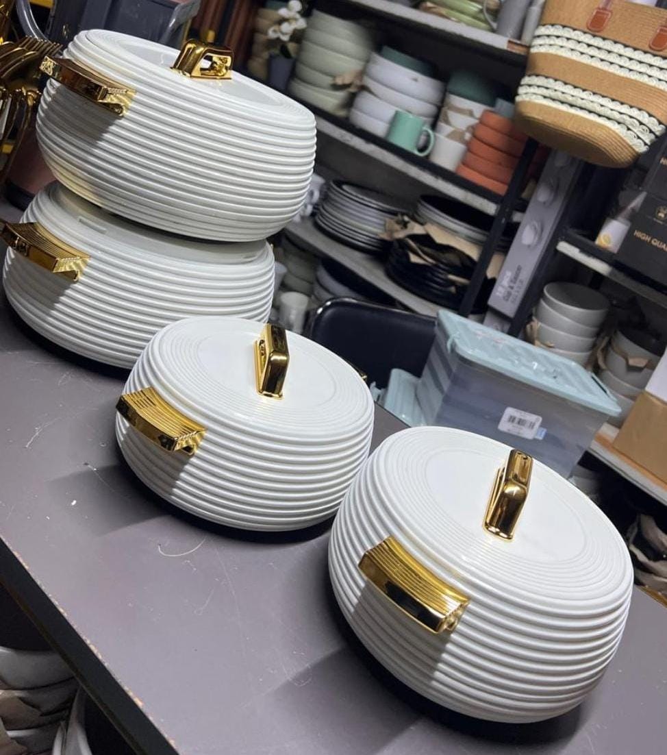 Smart Hot Pot Set of 4 - White Ribbed Design with Gold Handles