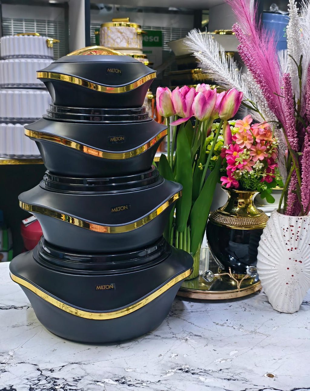 Milton Hot Pot Set of 4 - Pearl Thermoware with Gold Trim
