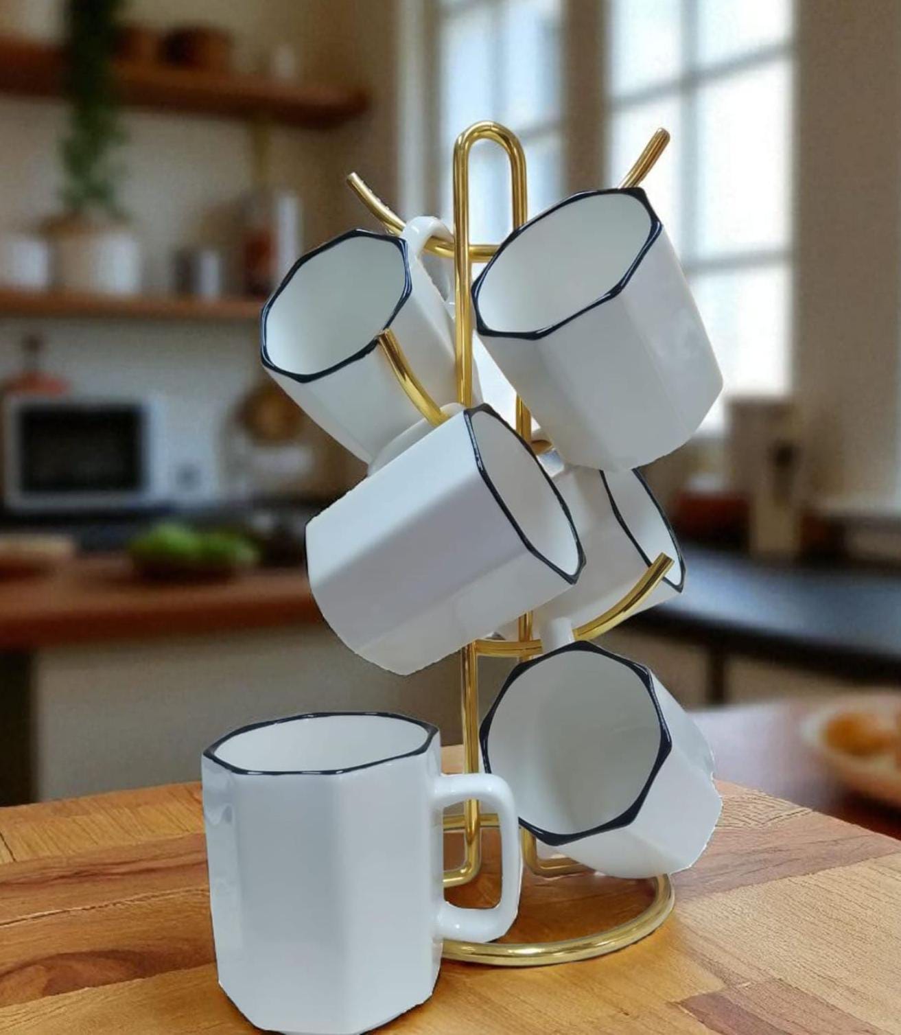 6-Piece Coffee Mug Set with Gold Stand - White with Black Trim