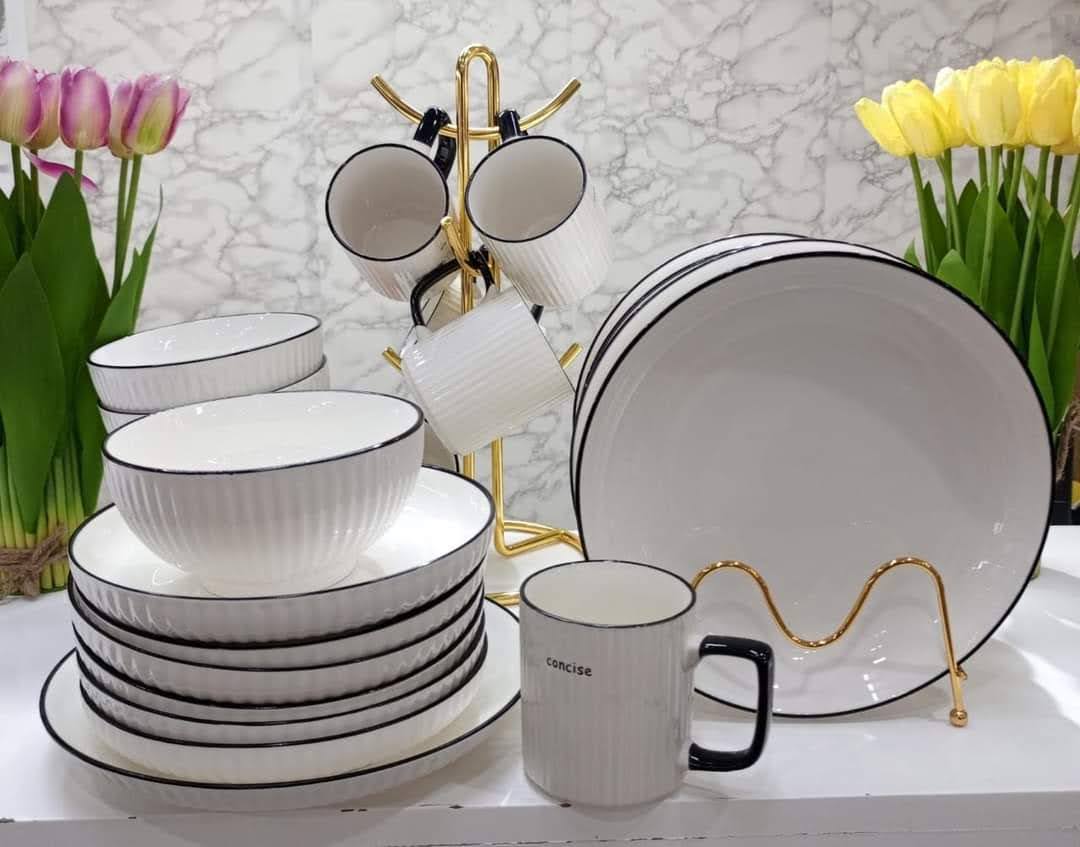 Japanese Style Dinnerware Set - White with Black Trim