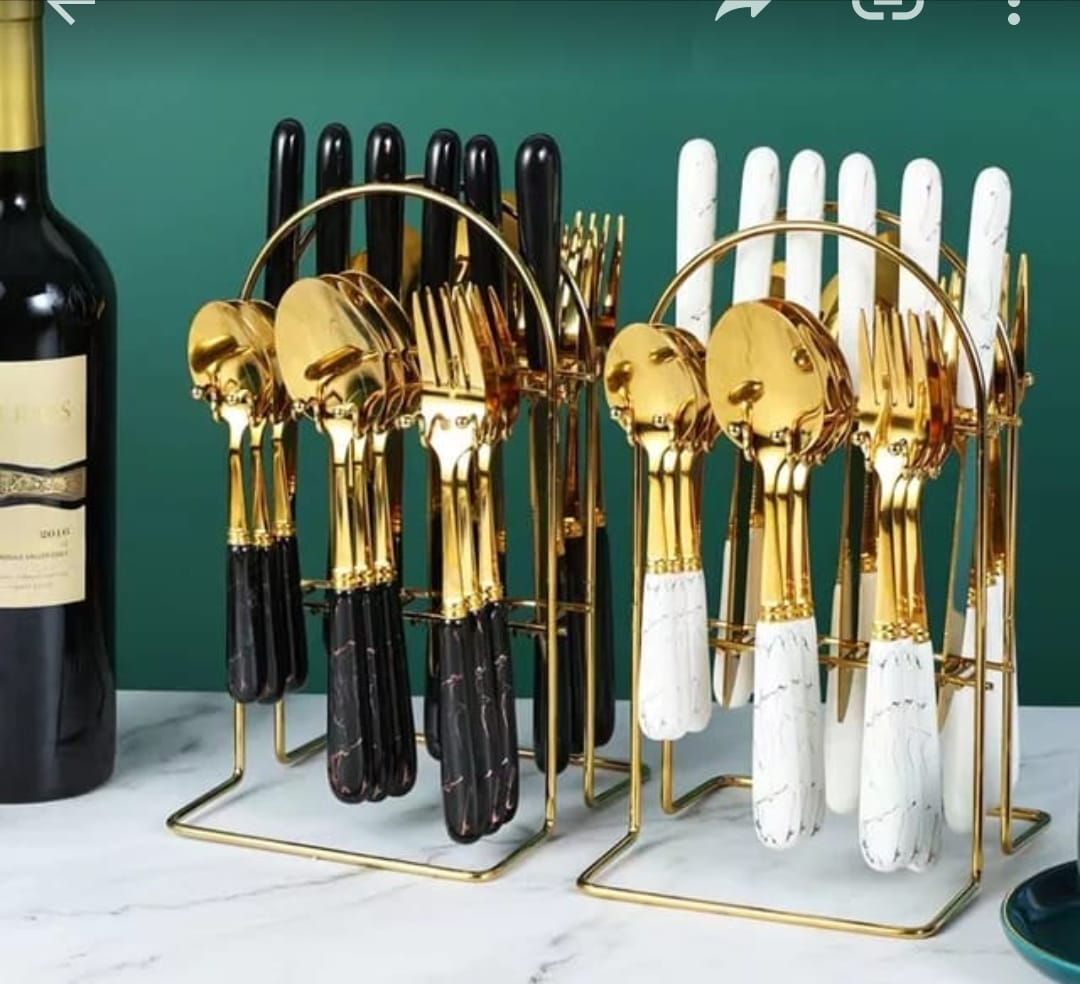 24-Piece Marble Handle Cutlery Set with Gold Stand - Stainless Steel Flatware