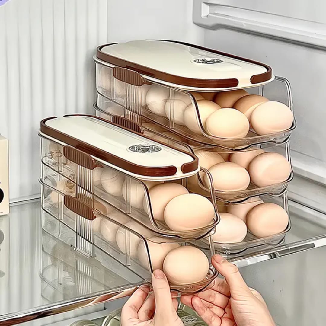 Refrigerator Egg Storage Container with Rolling Dispenser - Stackable with Lid