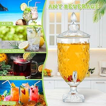 3L Glass Beverage Dispenser with Tap - Crystal Cut Design & Decorative Lid