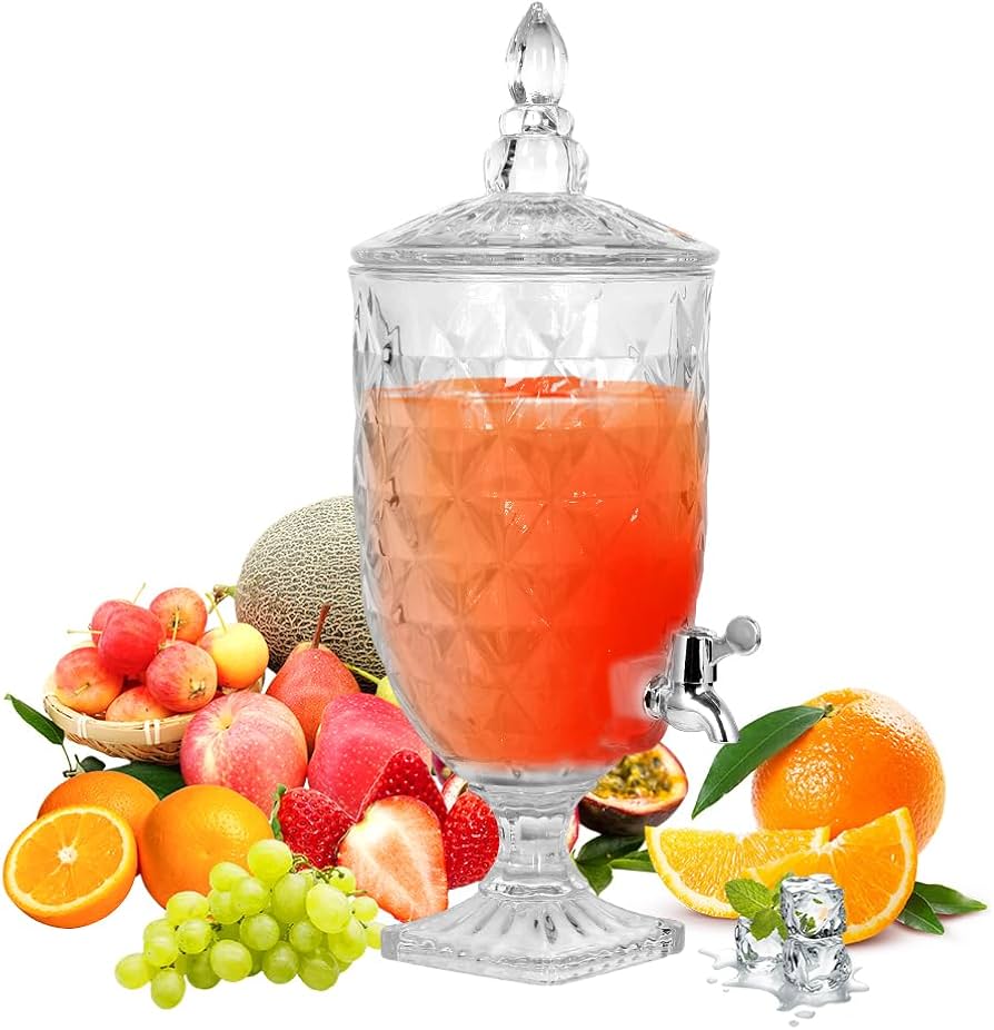 3L Glass Beverage Dispenser with Tap - Crystal Cut Design & Decorative Lid