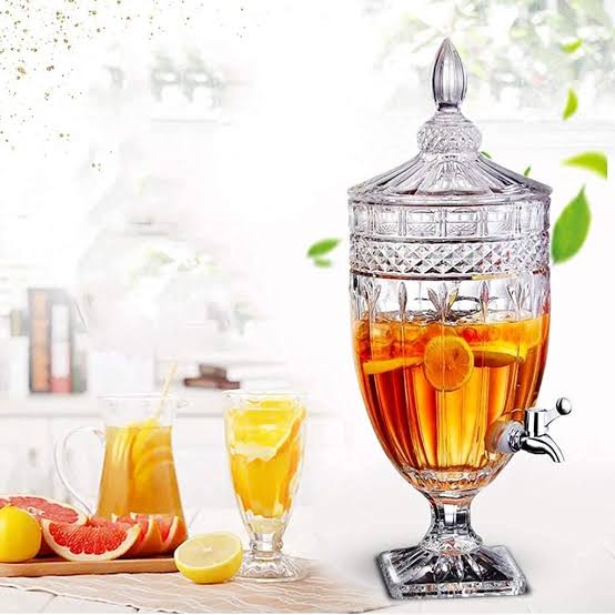 3L Glass Beverage Dispenser with Tap - Crystal Cut Design & Decorative Lid