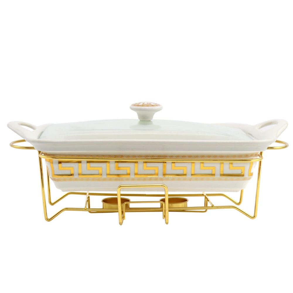 Ceramic Chafing Dish with Golden Stand and Burner - 1.5L/2L Round Food Warmer