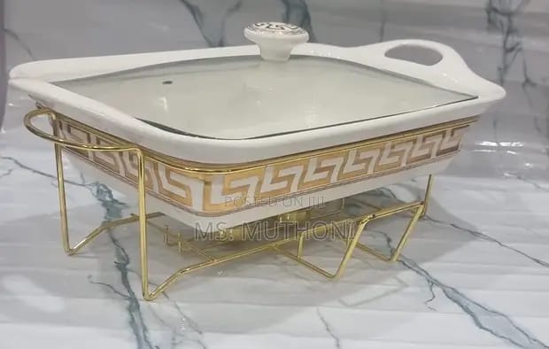 Ceramic Chafing Dish with Golden Stand and Burner - 1.5L/2L Round Food Warmer