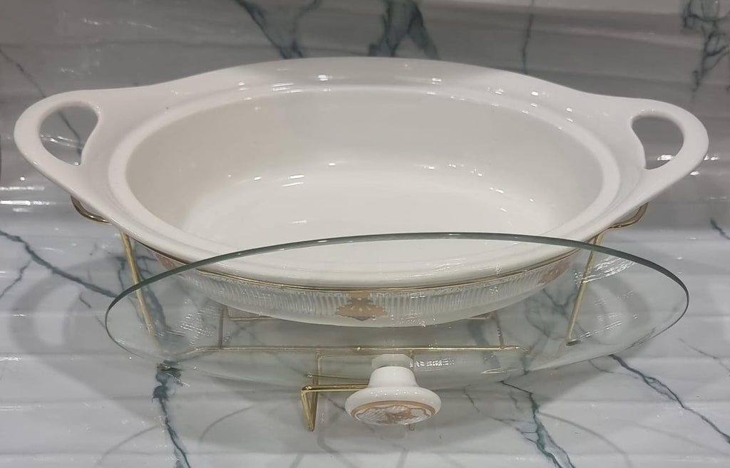 Ceramic Chafing Dish with Golden Stand and Burner - 1.5L/2L Round Food Warmer