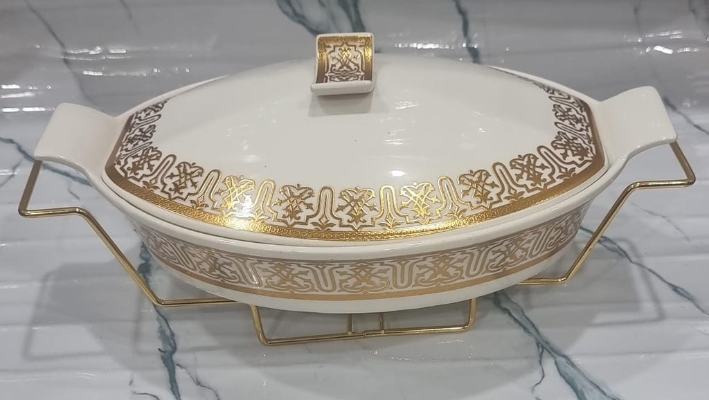 Ceramic Chafing Dish with Golden Stand and Burner - 1.5L/2L Round Food Warmer