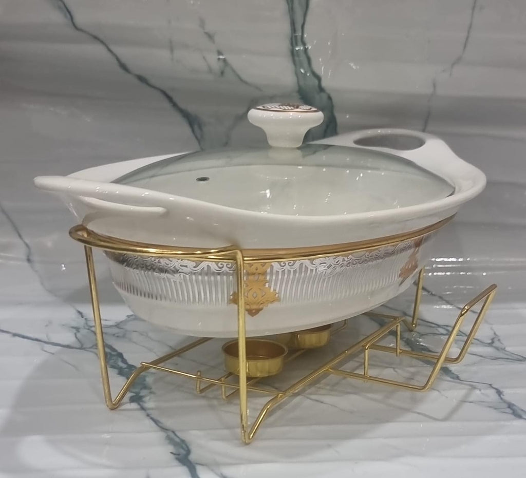 Ceramic Chafing Dish with Golden Stand and Burner - 1.5L/2L Round Food Warmer