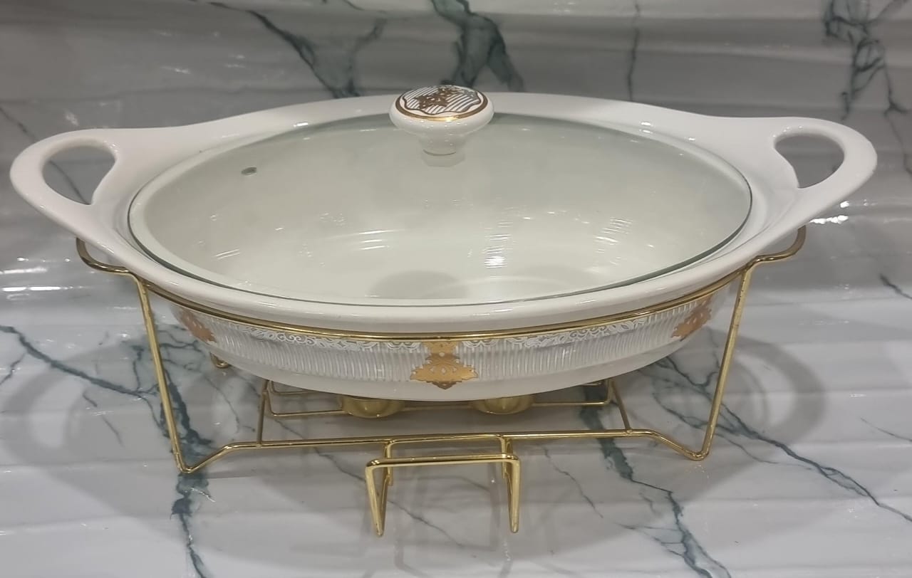 Ceramic Chafing Dish with Golden Stand and Burner - 1.5L/2L Round Food Warmer