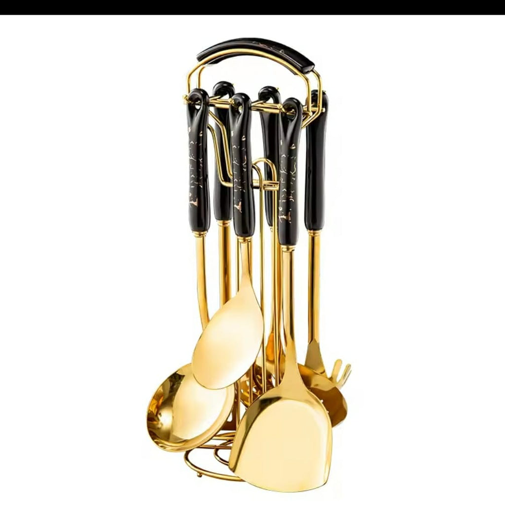 6-in-1 Gold Serving Spoon Set with Stand and Ceramic Handles