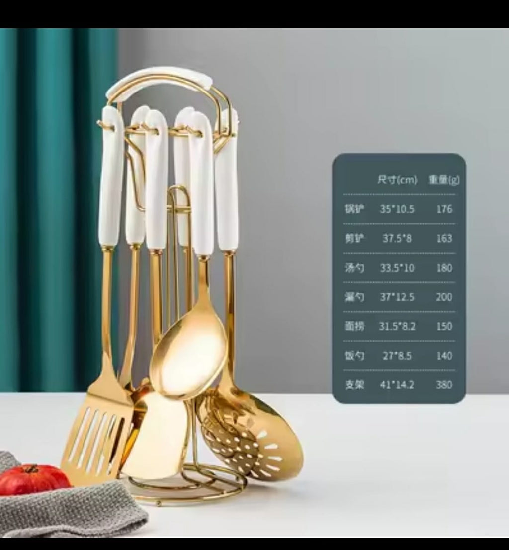 6-in-1 Gold Serving Spoon Set with Stand and Ceramic Handles