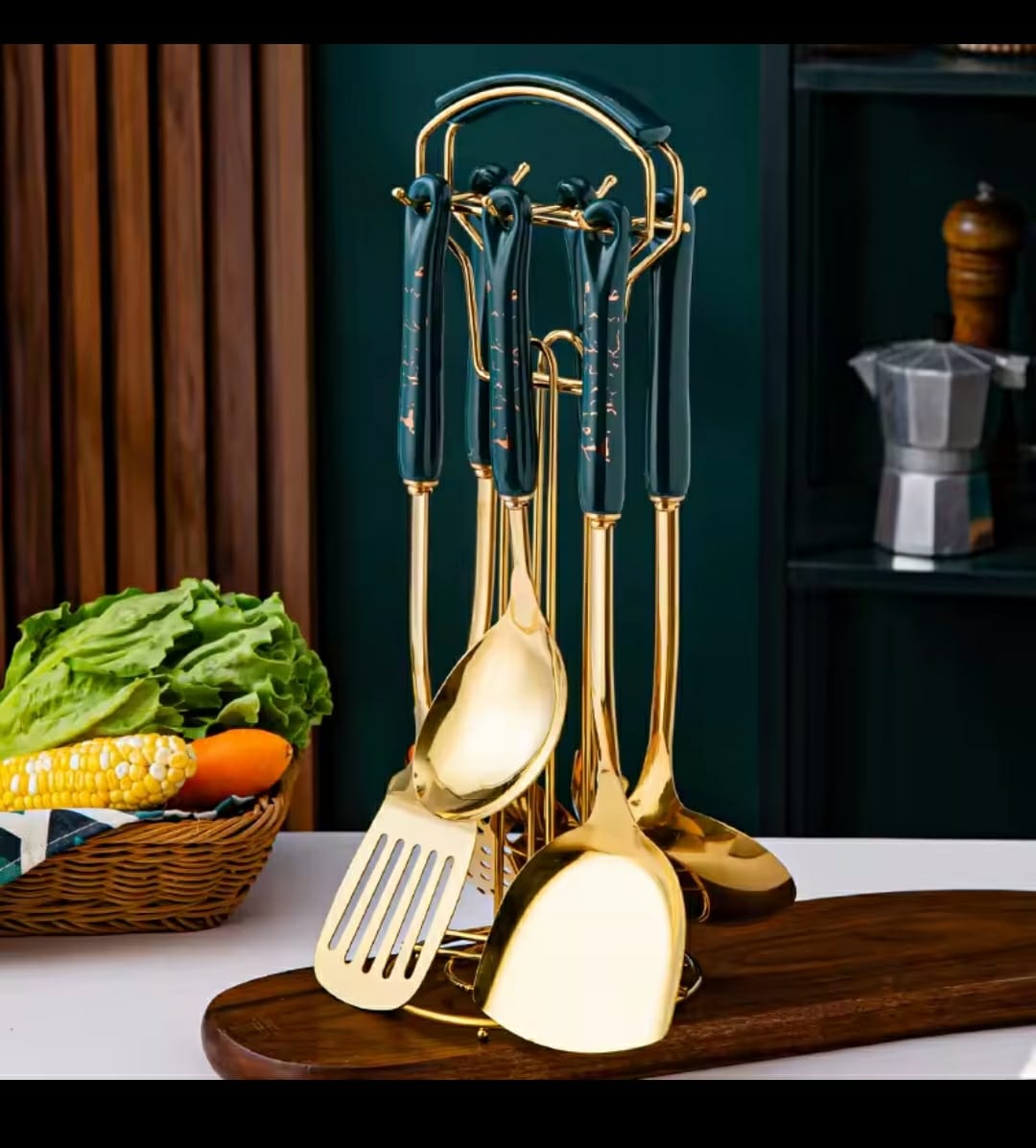 6-in-1 Gold Serving Spoon Set with Stand and Ceramic Handles