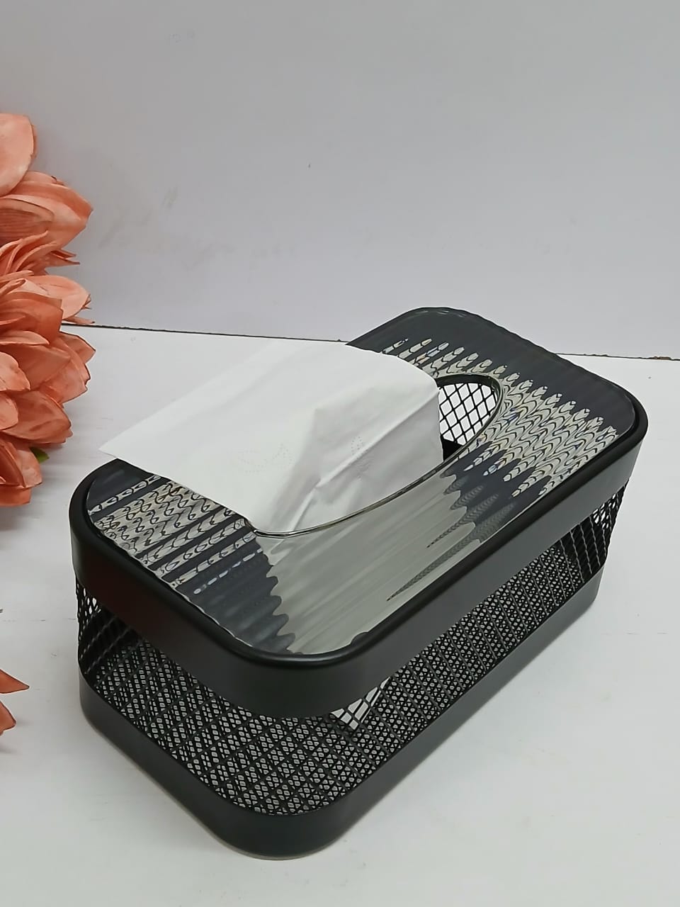 Black Mesh Serviette Holder with Acrylic Lid