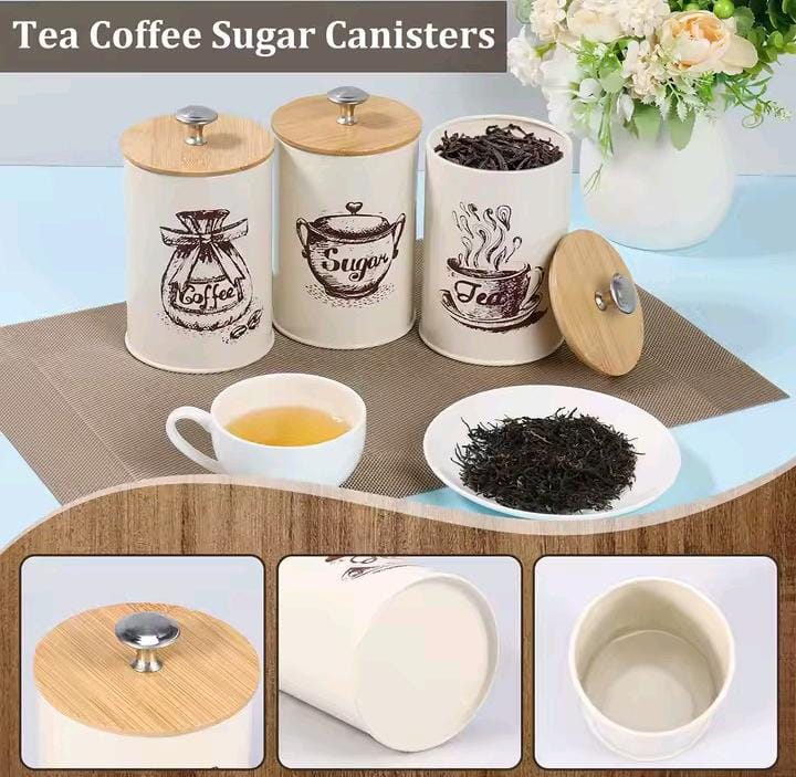 3-Piece Tea Coffee Sugar Canister Set with Bamboo Lids