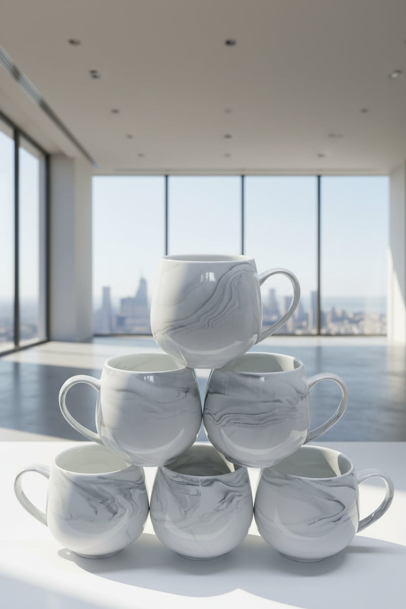 6-Piece Grey Ceramic Mug Set with Elegant Marble Pattern