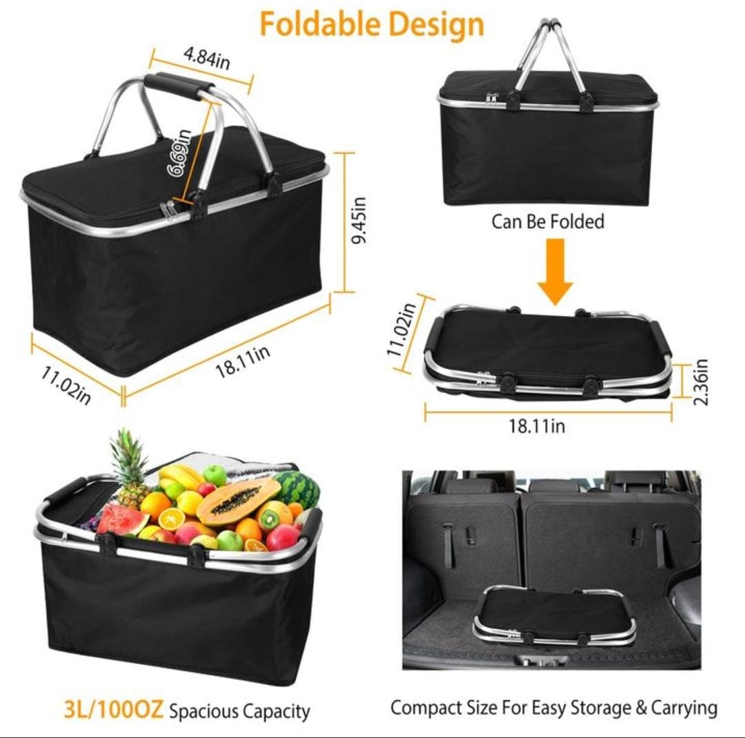 30L Foldable Insulated Picnic Basket - Portable Cooler Bag with Aluminum Frame