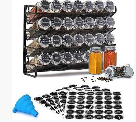 4-Tier Spice Rack Organizer with 28 Glass Bottles, Labels and White Pen - Carbon Steel