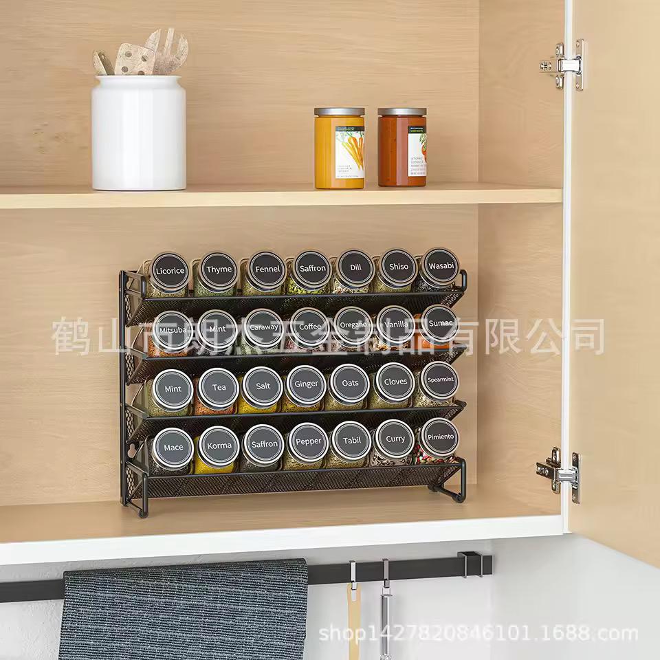 4-Tier Spice Rack Organizer with 28 Glass Bottles, Labels and White Pen - Carbon Steel
